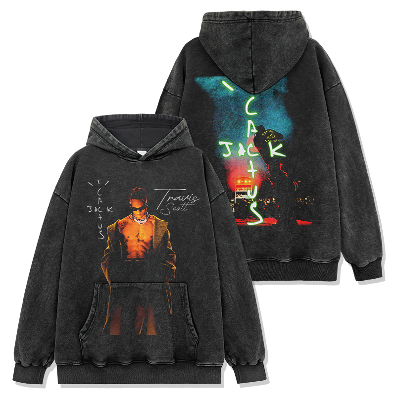 Cross-border retro travis scott black printed short-sleeved T-shirt washing long-sleeved round neck casual hooded sweatshirt