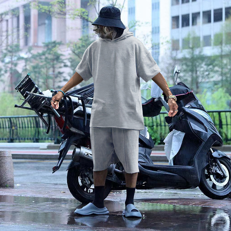 2024 Men's Short Sleeve Shorts Oversize Fur Loose Sports Casual Hooded Set_mkmklike.com