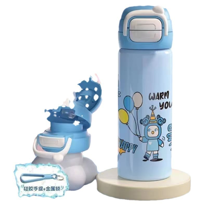 Taza de calentamiento para niños rojo de alta cara caricatura encantadora para bebés de bebés de dos bebidas taza de paja de acero inoxidable 316