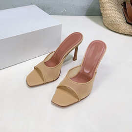 2025夏季新款一字拖鞋女网纱雷丝性感露趾凉拖细跟方头浅口高跟鞋