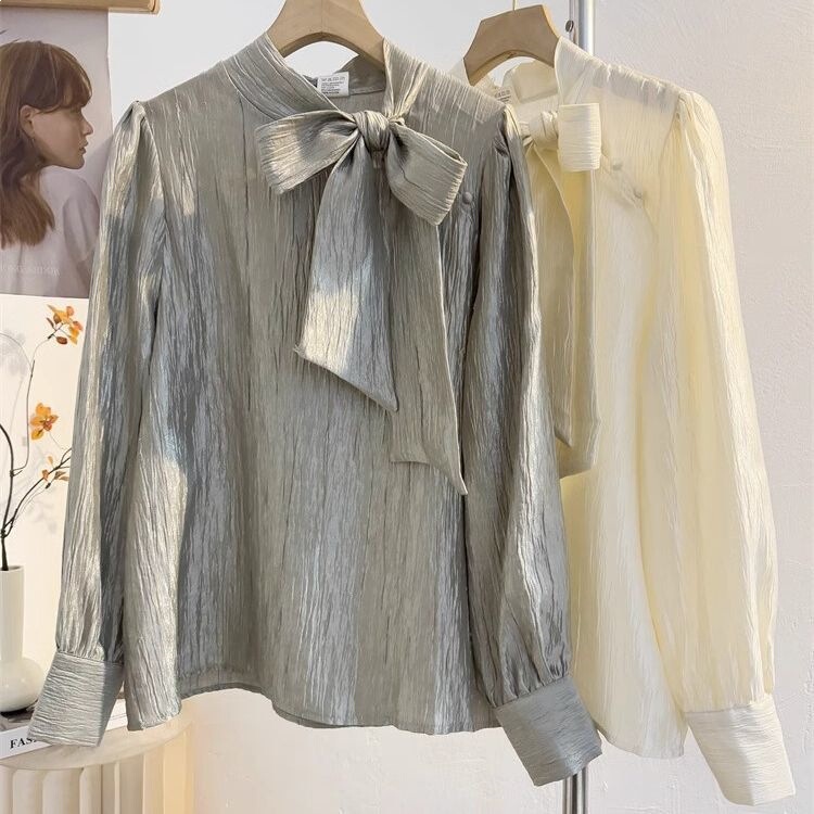 French-Style Bow Long-Sleeve Shirt 2026 Loose New Style Ribbon Shirt Elegant Design Top in Gray and Silver