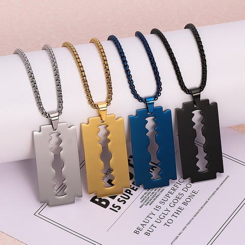 European and American titanium steel razor blade pendant hollow Korean version stainless steel simple personalized necklace trendy jewelry tag