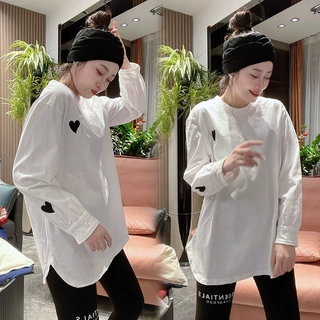 纯棉正肩欧货重工刺绣爱心中长款长袖T恤女不规则设计感小众上衣