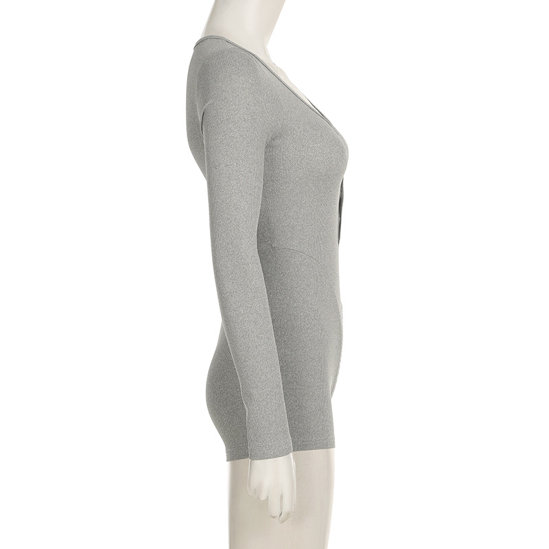 Autumn Winter Women Clothing Solid Color Buttons Deep V Plunge neck Sexy Sports Workout Long Sleeve Romper