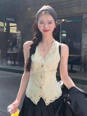 韓国風シックな純粋な欲望中空キャミソール女性の夏の小さなユニークなウエストノースリーブショートトップ