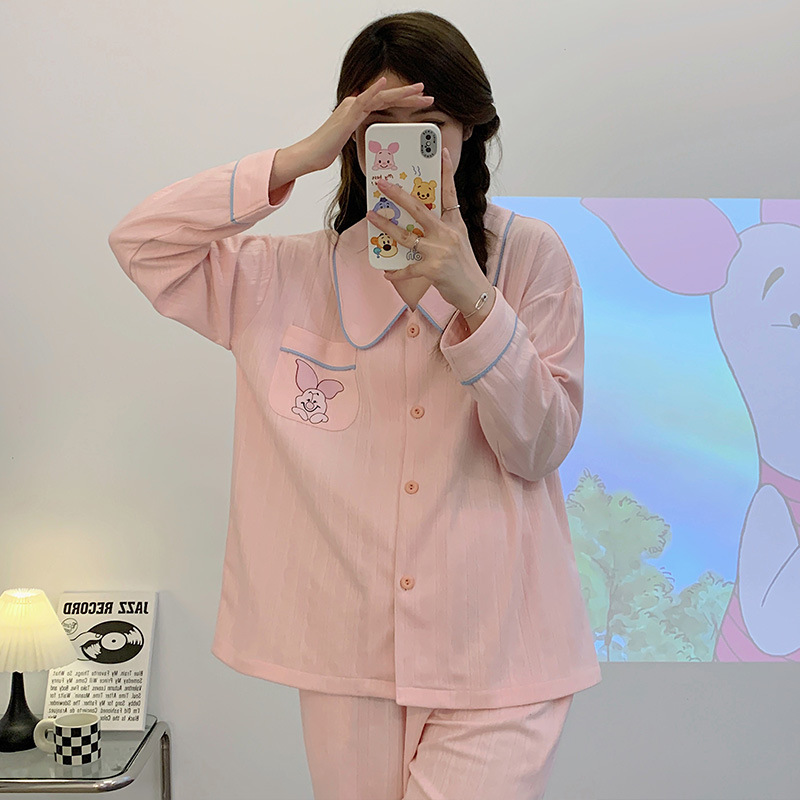 Sweet Girl Pink pijamas mujeres peinado Jacquard de algodón Otoño e Invierno manga larga solapa cardigan lindo casual Home wear traje