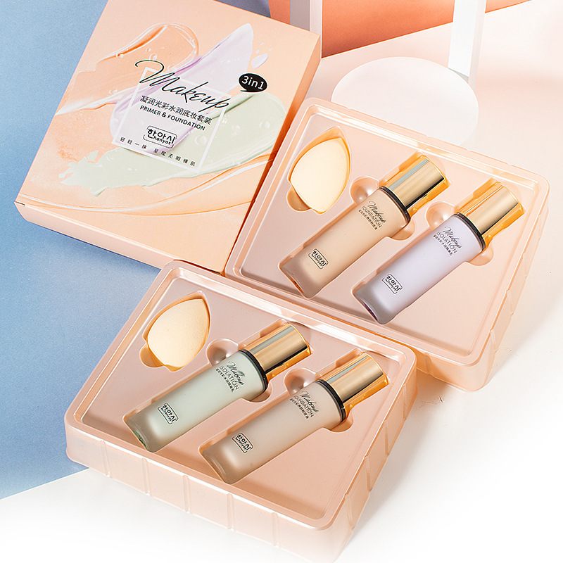Haneshi Ningrun Glowing Moisturizing Base Makeup Kit Foundation Liquid Foundation Isolating Milk Beauty Egg 2-in-1 Makeup Kit