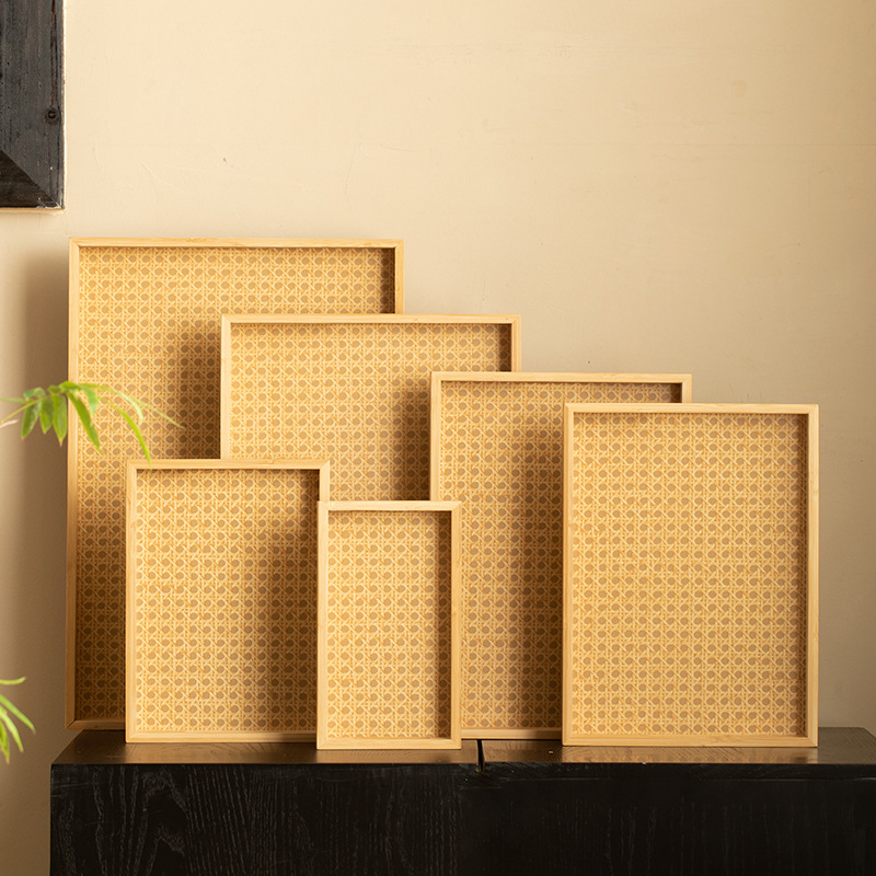 2025 New Model Light Luxury Bamboo Mat Style Tea Tray with Handle, Multi-Size Tea Tray, Rectangular Multifunctional Storage Tray