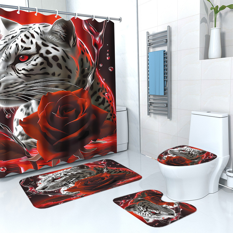 European and American-style Leopard Shower Curtain Floor Mat Four-piece Set Home Bathroom Dry and Wet Separation Partition Shower Curtain Waterproof Shower Curtain