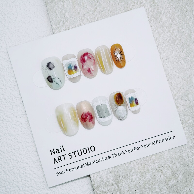 【Akinohara Art】Oil Painting Texture Style, Unique and Niche Instagram-Style Handmade Wearable Nails, Short Oval Nail Art