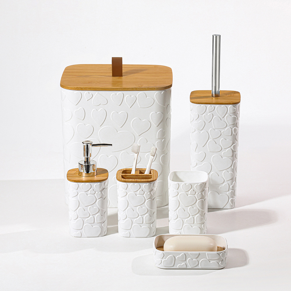 Baño de baño moderno amor en relieve 6 piezas de baño lujoso accesorios de baño botella de loción cepillo de dientes conjunto de tazas