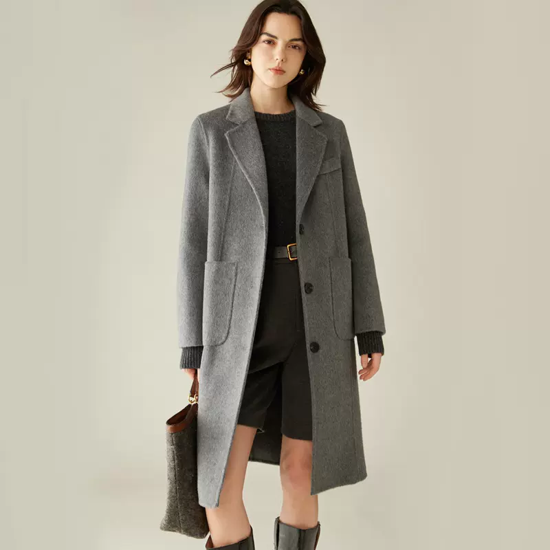 复古人字纹羊毛大衣女双面呢秋冬新款100驼绒大衣中长款西装外套