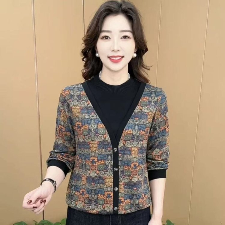 一件代发直播爆款2025秋季新款时尚圆领假两件洋气花色百搭上衣女|undefined