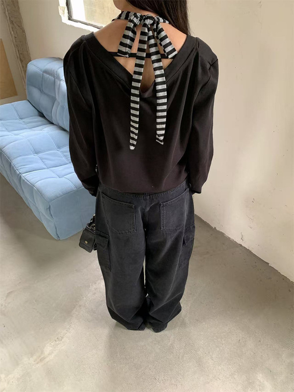誉一新款2025秋季个性条纹挂脖斜肩假两件长袖上衣t恤女c250568|undefined