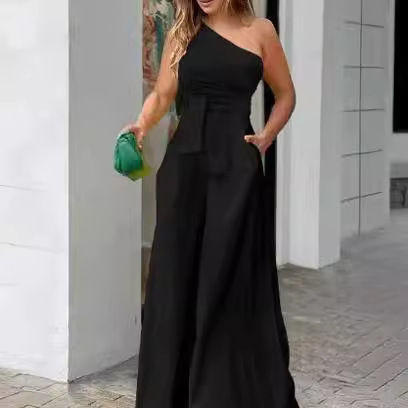 European and American Clothing 2023 Summer Slope Collar Single-Sided Lace-Up Asymmetrical Off-Shoulder High-Waist Pocket Wide-Leg Pants Casual Jumpsuit