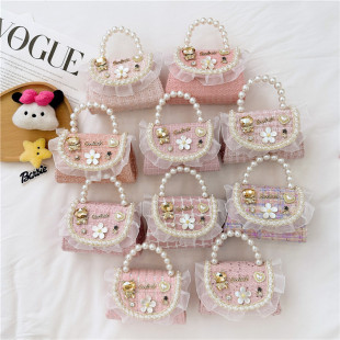 Princess Chanel style chain bag baby pearl accessories hand bag trendy children cute small flower girl shoulder bag