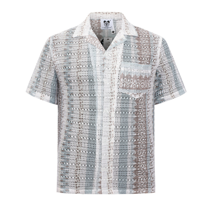 Foreign Trade Retro Casual Beach Pattern Shirt Bohemian Lace Cut Out Cuban Collar Vacation Short-Sleeved Cardigan for Men Foreign Trade Retro Casual Beach Pattern Shirt Bohemian Lace Cut Out Cuban Collar Vacation Short-Sleeved Cardigan for Men