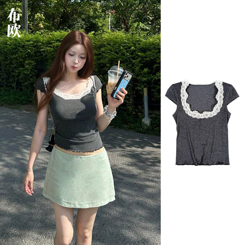 Blogger's same style Nanyou women's clothing wholesale Korean-style pure desire U-neck lace-trimmed short-sleeve T-shirt slim-fit bodycon top Blogger's same style Nanyou women's clothing wholesale Korean-style pure desire U-neck lace-trimmed short-sleeve T-shirt slim-fit bodycon top