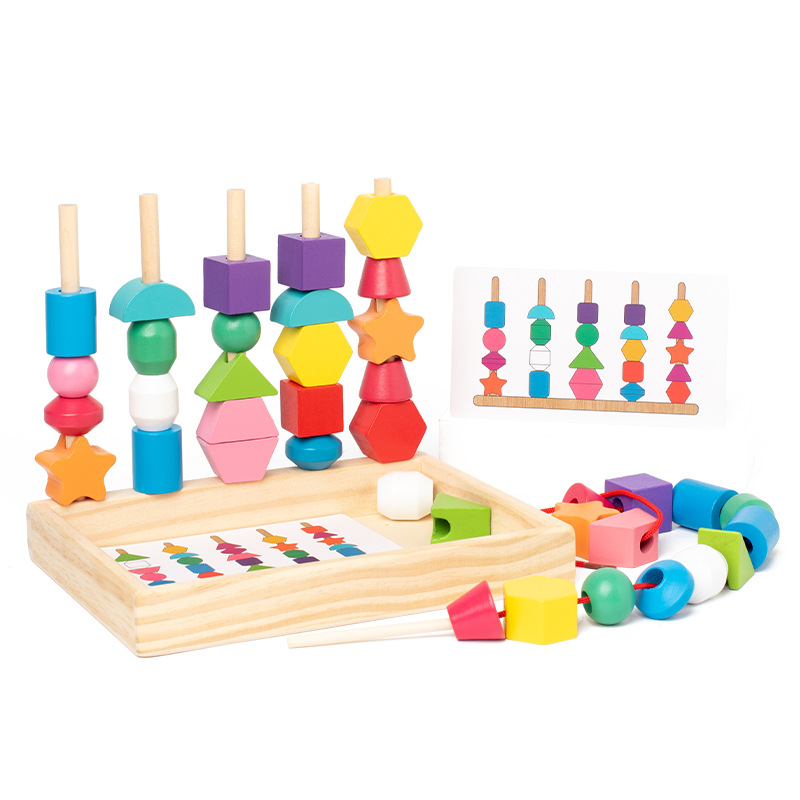 Montessori de madera de los niños bloques de construcción geométricos con cuentas de tarjetas de ejercicio del bebé de la habilidad de los juguetes educativos