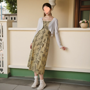60-175kg Plus Size Women's 2025 Summer and Autumn New Floral Suspender Dress Long Sleeve Cardigan Two-Piece Suit