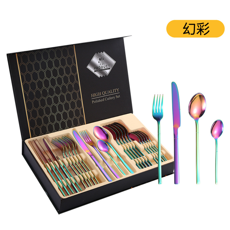 Amazon Venta caliente vajilla de acero inoxidable 24 piezas traje transfronterizo producto Caballero 4 piezas principales cuchillo de comida occidental, tenedor y cuchara traje