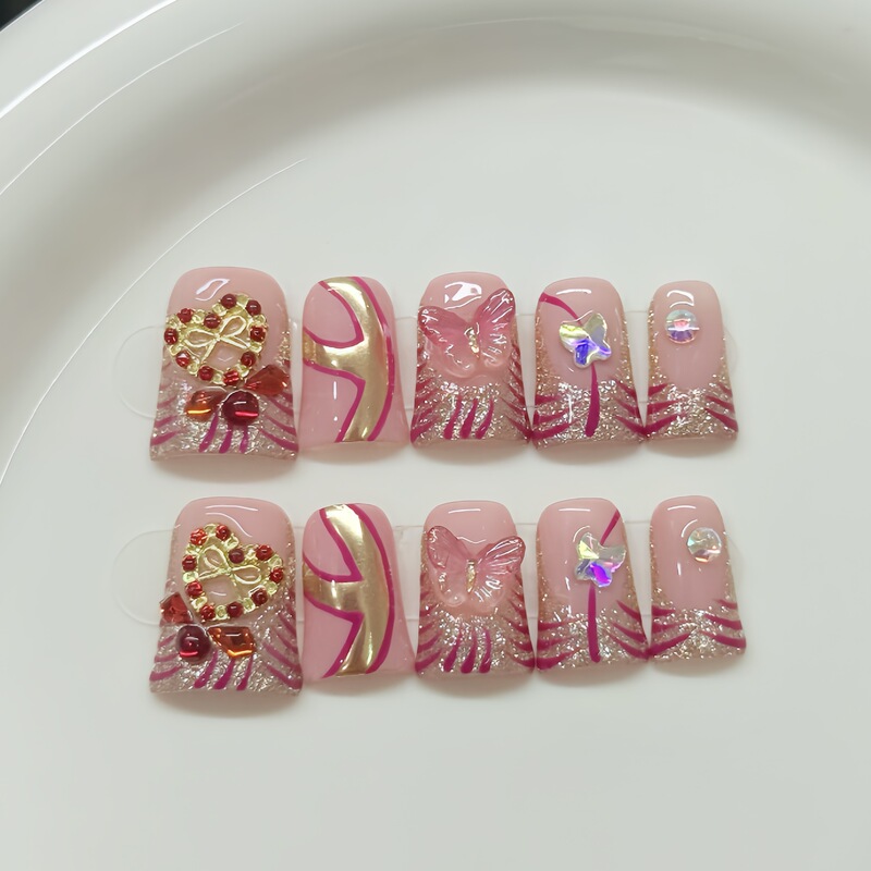 Foreign trade European and American short-style nail art with hollow heart-shaped design, dazzling glitter, purely handmade wearable nails with rhinestones, hot girl nail art