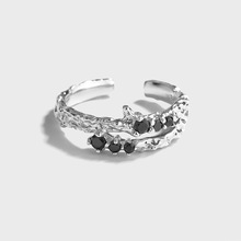 204纯银S925韩版戒指极简小众设计感暗黑熔岩不规则镶黑锆石指环