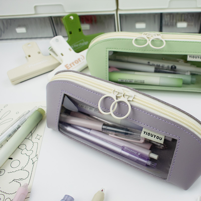 Nuevo Molandi ventana transparente bolsas de lápiz de cuero doble cara de gran capacidad para estudiantes de papelería con cremallera Caja de lápiz
