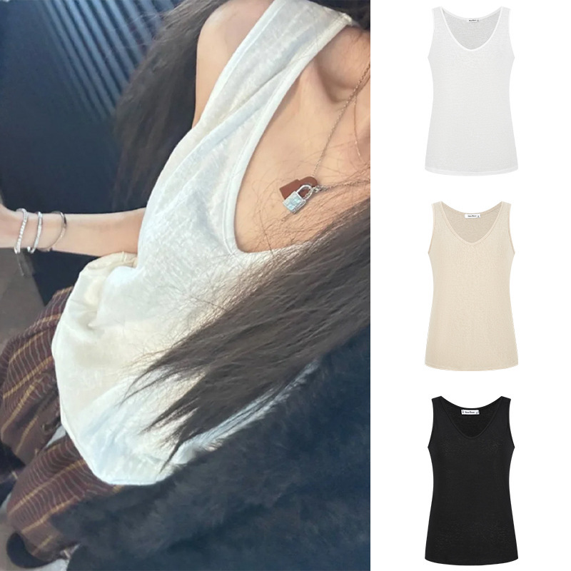Mosesquenn/Moxi Queen's Lazy Style V-Neck Slightly Sheer Outerwear Vest, Summer Loose-Fitting Slimming Top with a Stylish Look