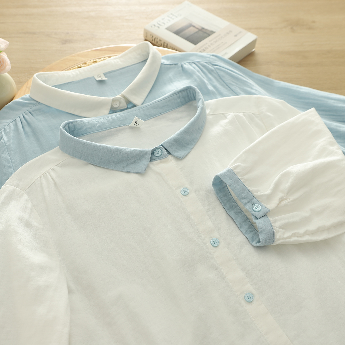 2025 summer new seven-point sleeve cotton yarn shirt women stitching loose cardigan college style sleeve shirt wholesale