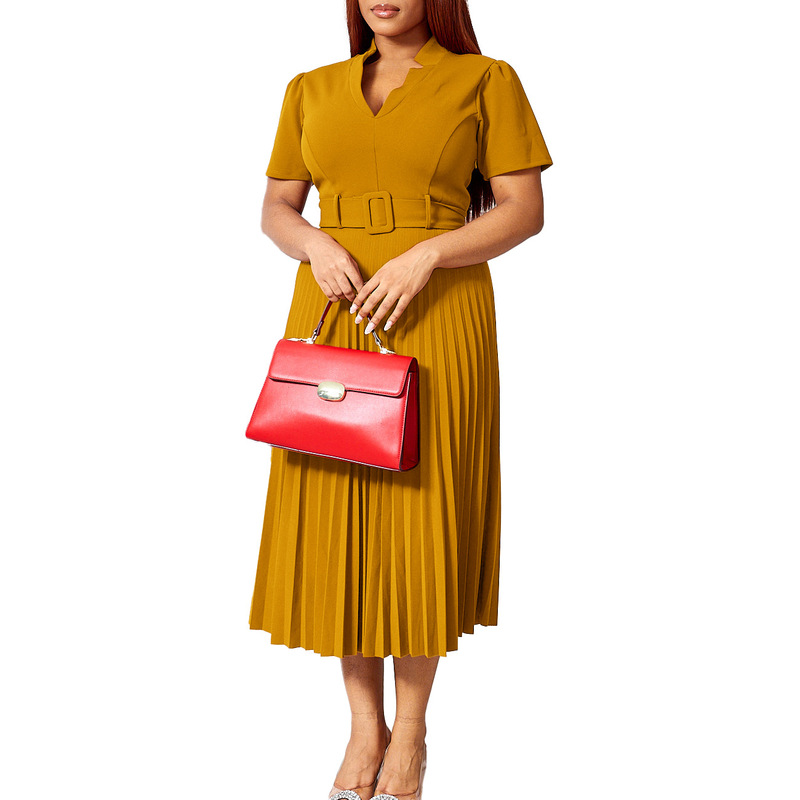 D563 外国貿易クロスボーダー婦人服夏の新作半袖 V ネックプリーツハイウエストファッショナブルな気質ウエストアフリカドレス|undefined