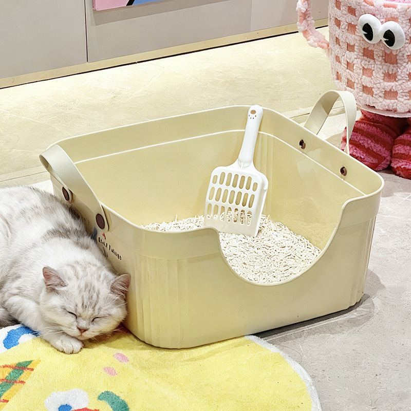 Baja de arena abierta para gatos de alta envoltura de borde anti-splashing inodoro para gatos semicerrado para enviar arena para gatos de pala de arena portátil para excrementos de gatos