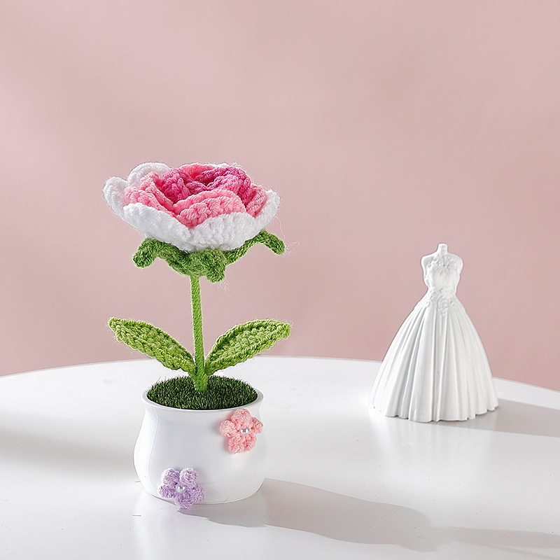 Terminado pequeña olla tejida a mano girasol lirio escritorio coche pequeña decoración regalo de cumpleaños regalo de graduación