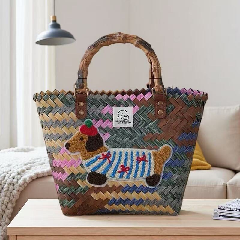 Cartoon Rattan Vegetable Basket, Portable Woven Basket, Shoulder Gift Basket, Woven Basket, Bamboo Knot Bag, Gift Bag