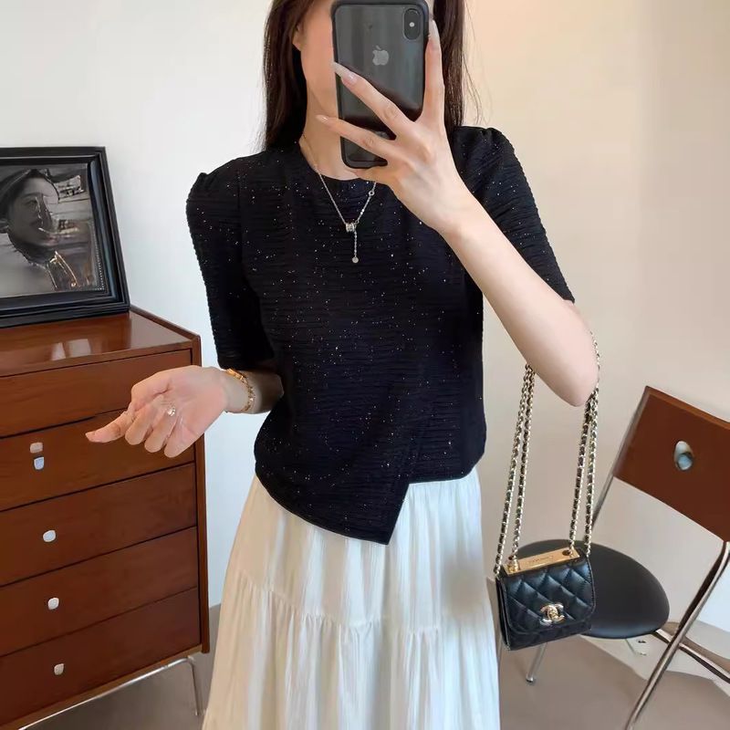 Starling River Hot Sequins Delicate Three-dimensional Texture Slash Stitching Round Neck Shoulder Short-sleeved T-shirt