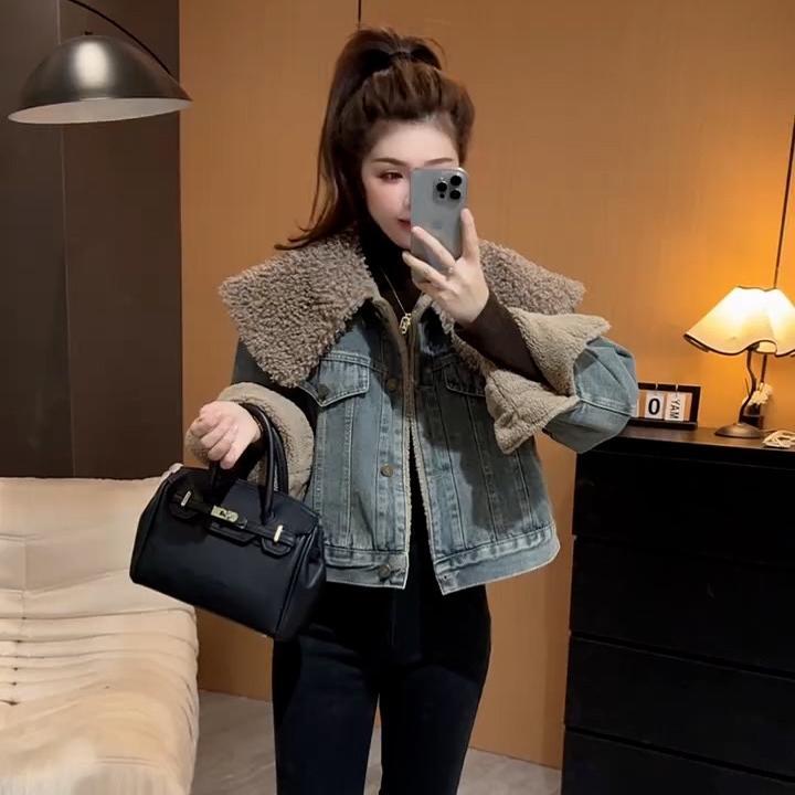 羊羔毛大翻领牛仔外套女秋冬季新款加绒加厚皮毛一体短款上衣