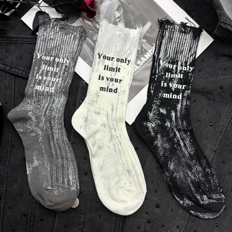 2025 Spring and Summer Personalized Silver Spray Paint Trendyy Stereo Hot Stamping Letter Hole Street Outer Wear Fashionable Mid-Calf Socks