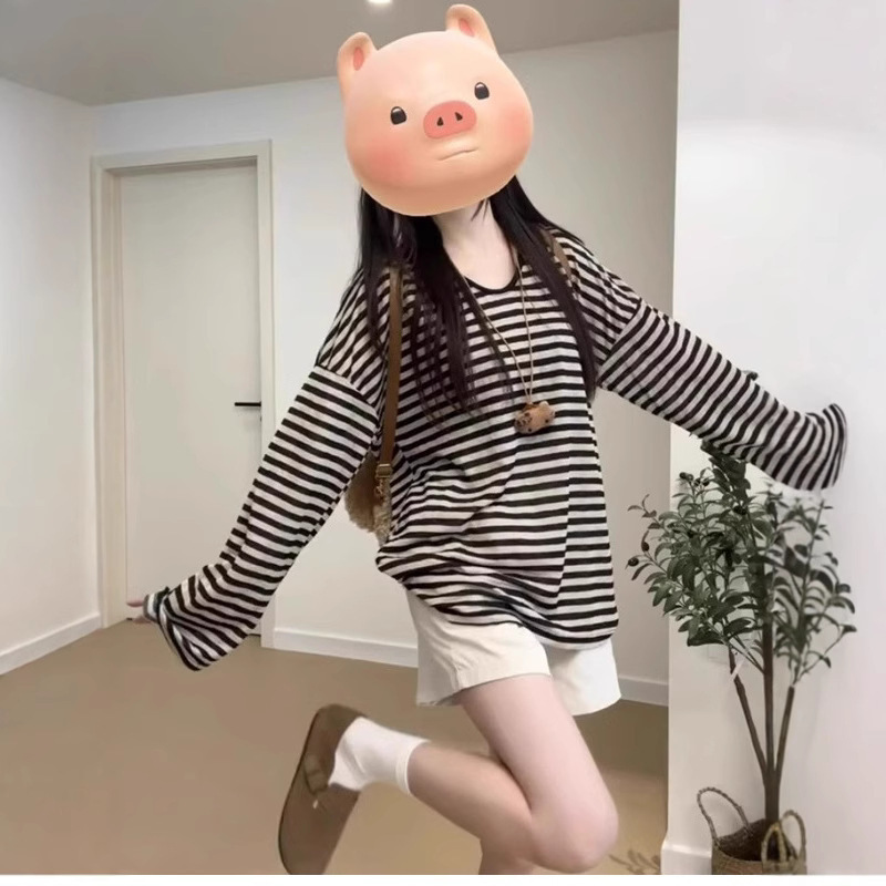 Retro Sun-Protective Loose-Fitting Versatile Long-Sleeved T-Shirt for Women Summer 2026 New Casual Slimming Look Stripesd Mid-Length Top