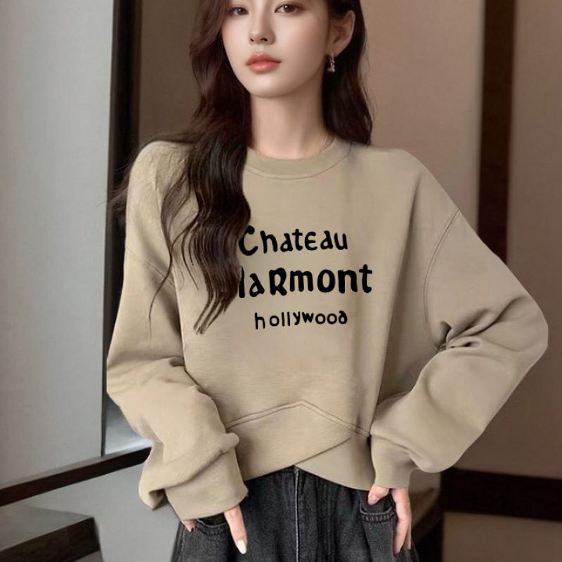 美式印花圆领套头卫衣女秋季新款短款交叉小众设计感百搭长袖上衣
