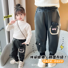 牛范女童皮裤加绒加厚冬2022蕾丝儿童休闲裤一体加绒裤子外穿洋气