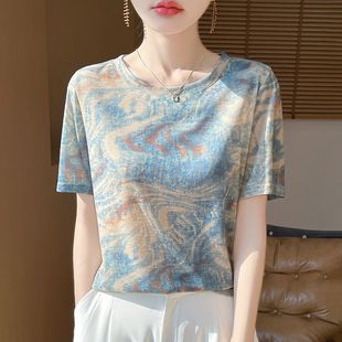 Lyocell Tencel Retro Tie-Dye Printed Short-Sleeved Women's Summer New Loose Slimming Look T-Shirt Design Top