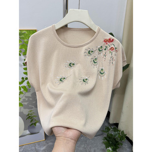 Middle-Aged Mom Summer Fashion Plus-Size Short-Sleeve T-Shirt Women's Embroidered Top Middle-Aged Women Ice Silk Blouse Mother's Day