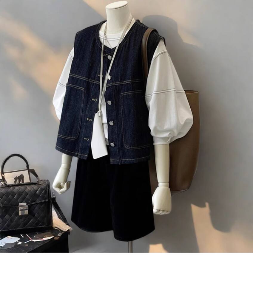 Áo vest denim nữ không tay phối lớp phong cách retro, dáng ôm, dài 50–65 cm — màu xanh đậm chi tiết 2