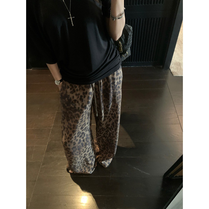 Leopard Print Relaxed Tencel Linen Walking Pants for Women, Summer Wide-Leg Loose Straight Casual Long Pants