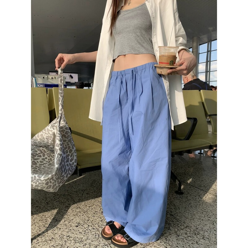 2026 New Trend: Super Popular Blue Casual Pants for Women, Korean Style Drawstring Simple Pure Cotton Wide-Leg Pants with Draped Effect