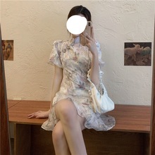 改良旗袍女装中式夏季复古中国风法式温柔泡泡袖短款碎花连衣裙仙