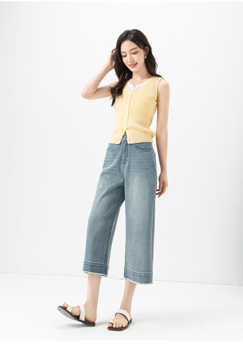 Quần jean nữ ống rộng cạp cao, chất liệu cotton pha linen mỏng nhẹ, dáng suông rủ, gấu tua rua — xanh lam chi tiết 24