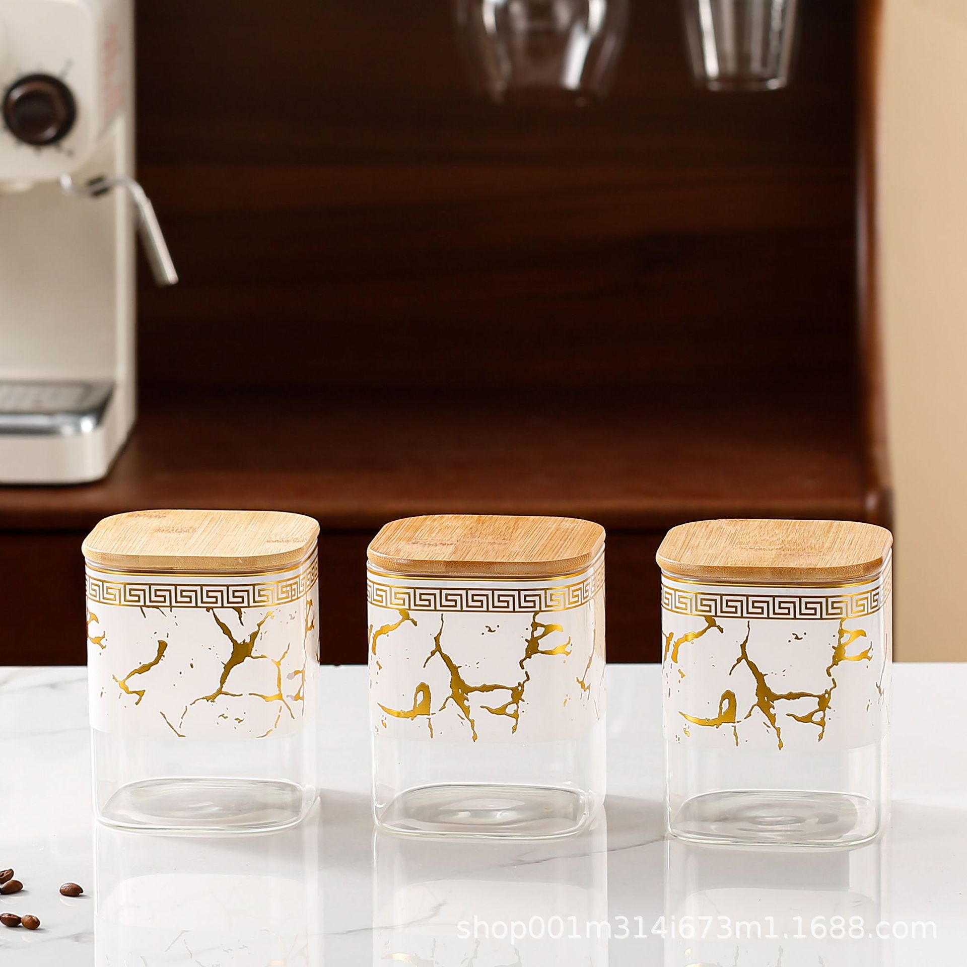 Tanque de sellado cuadrado de vidrio tanque de almacenamiento de exportación transfronterizo cubierta de madera tanque de almacenamiento de té de cocina condimento lata de café