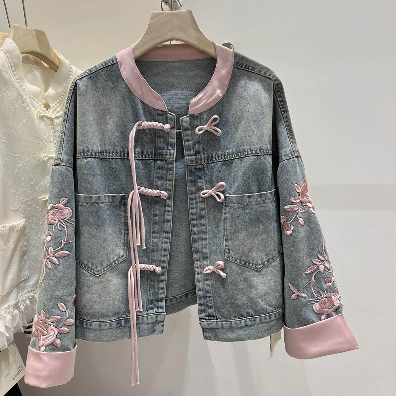 New Chinese-Style Buttoned Denim Jacket for Women, 2026 Spring New Loose Design Embroidered Top Jacket