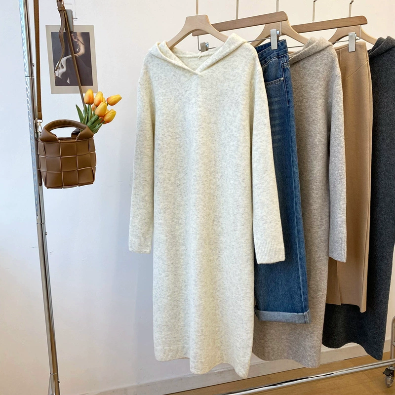 Осень и зима новый корейский стиль с капюшоном трикотажное платье длинный свитер платье клейкий рис бархат анти пиллинг женский 2295